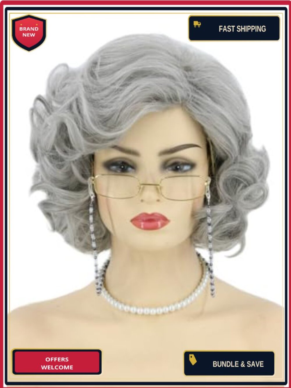 Old Lady Granny Costume Wig 5pc Set with Accessories